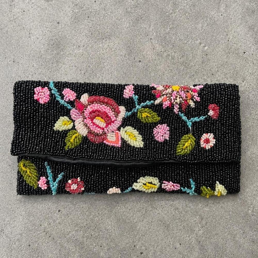 Vintage Black Beaded Floral Clutch Purse Evening Bag Boho